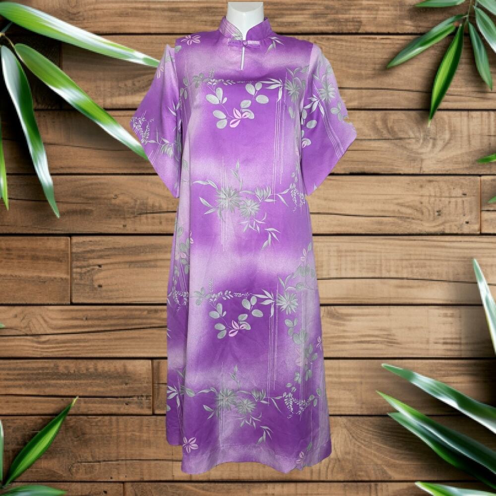 60s 70s Sears Hawaiian Fashions Purple Asian Inspired Maxi Caftan Dress, L/XL